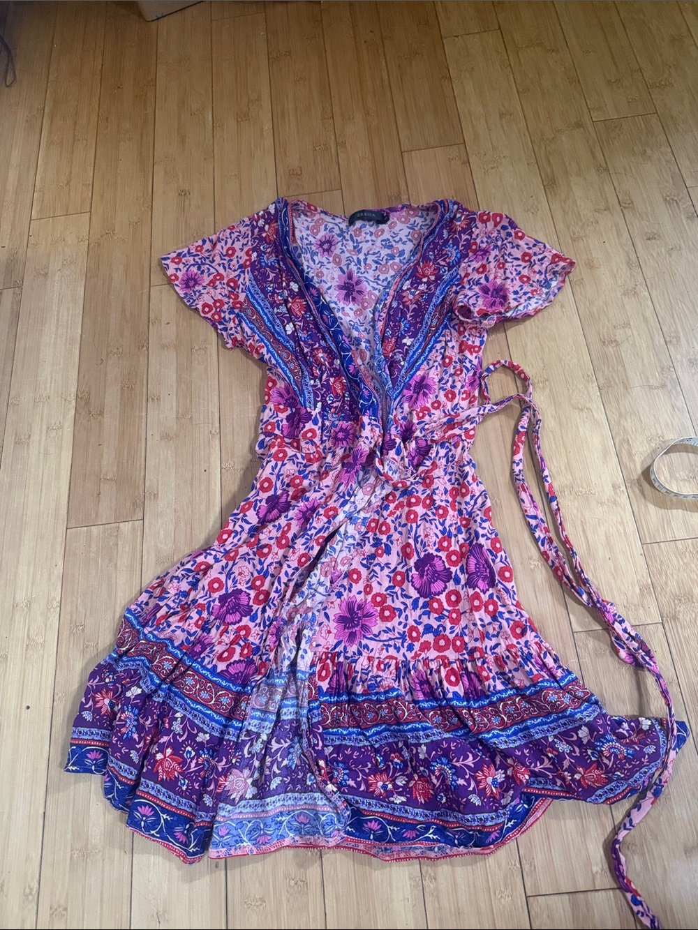 Floral Pink & Purple Wrap Midi Dress with Tie Waist